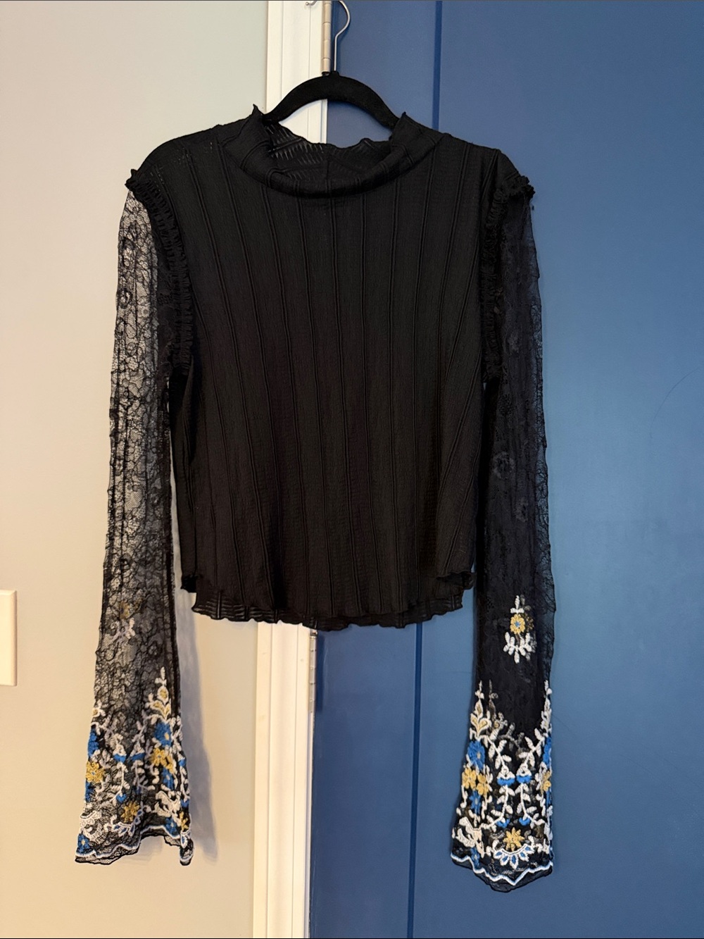 RARE Free People Black Lace Embroidered Bell Sleeve Boho Top